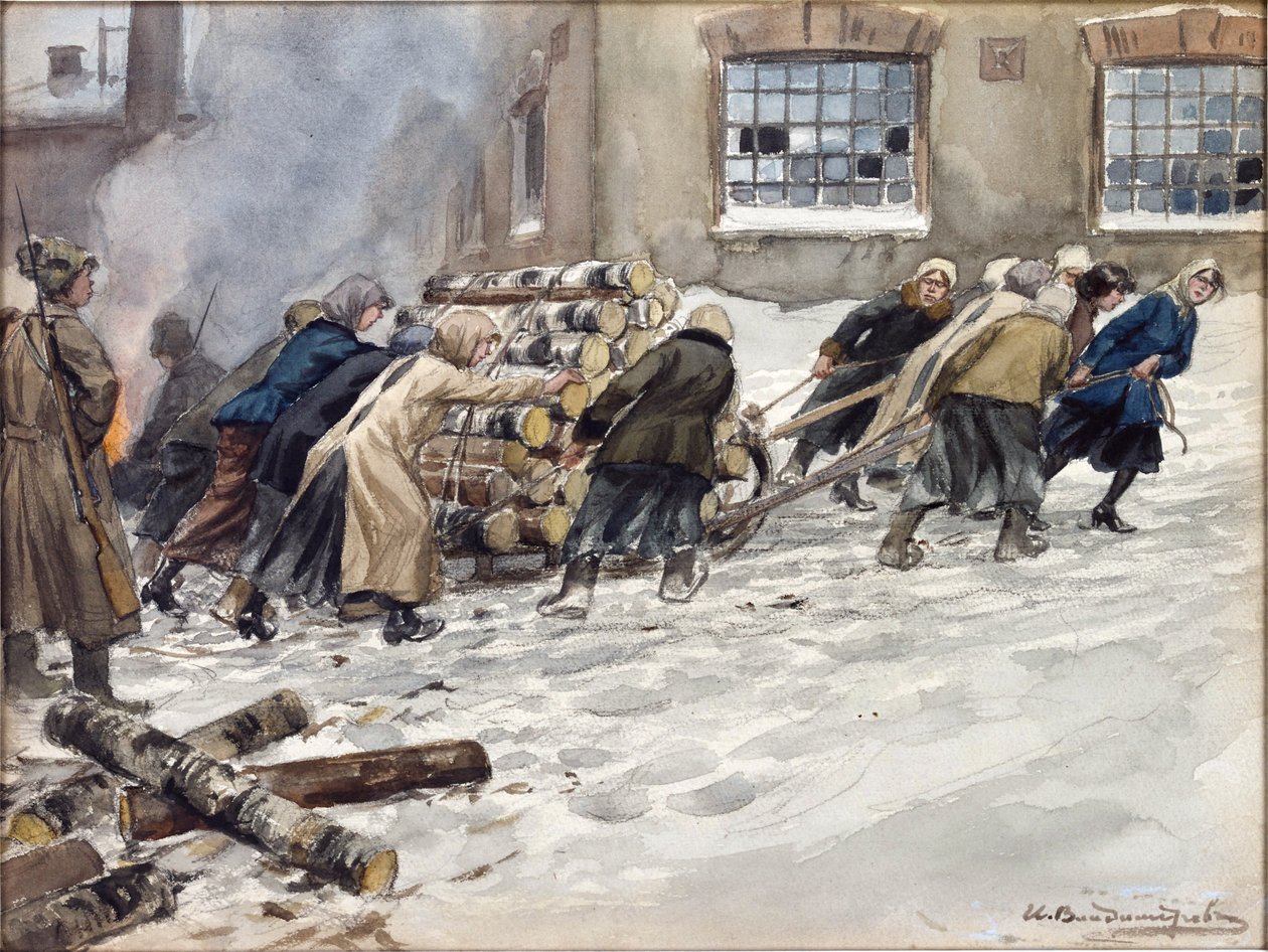 Rekwizycja drewna opałowego przez Władimira Iwana Aleksiejewicza (1869-1947). Akwarela, gwasz na papierze autorstwa Ivan Alexeyevich Vladimirov