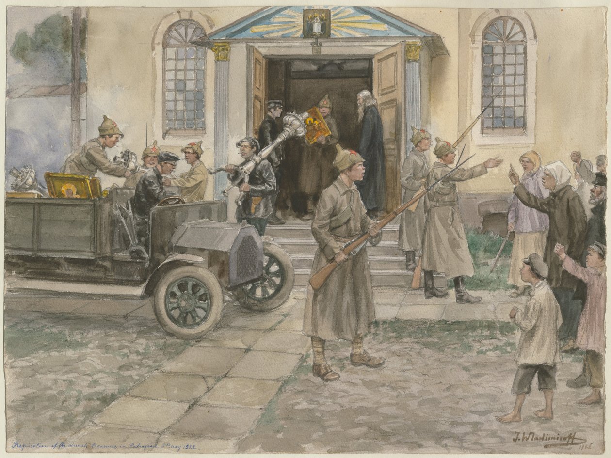 Rekwizycja skarbów kościelnych w Piotrogrodzie 5 maja 1922 z serii akwareli Rosja autorstwa Ivan Alexeyevich Vladimirov