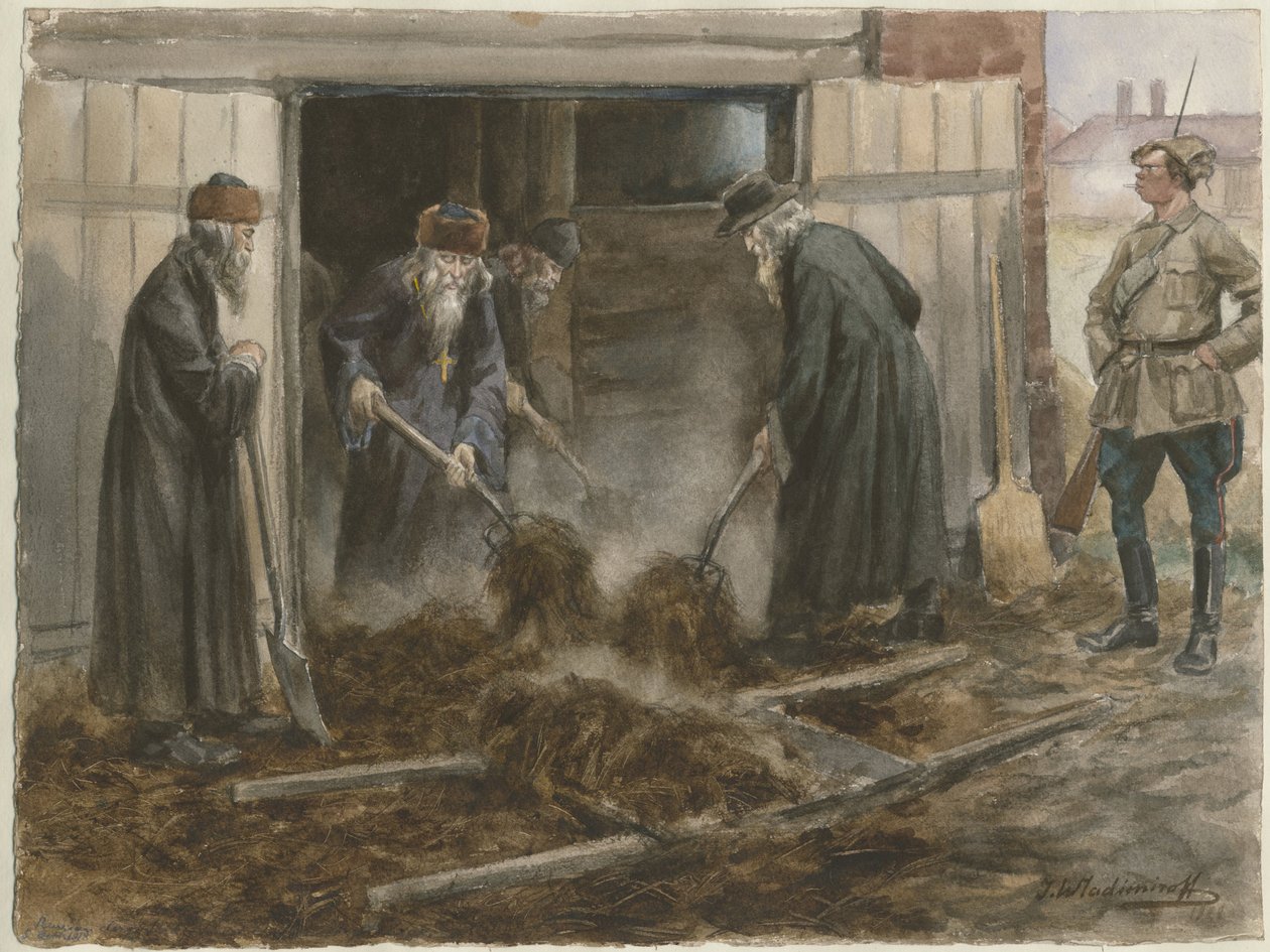 Rosyjscy duchowni przerzucający siano: wrzesień 1918 z serii akwarel rewolucja rosyjska, 19 autorstwa Ivan Alexeyevich Vladimirov