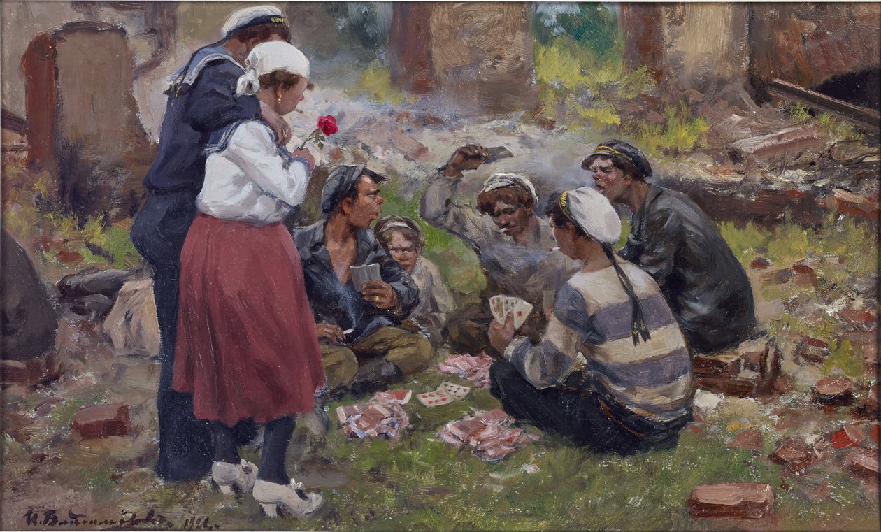 Marynarze grający w karty Władimira Iwana Aleksiejewicza (1869-1947). Olej na drewnie autorstwa Ivan Alexeyevich Vladimirov