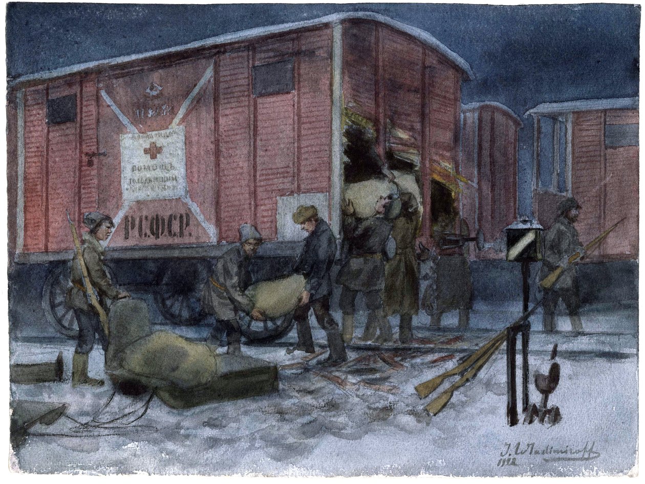 Soldats pillant un wagon de chemin de fer - Żołnierze plądrujący wagon kolejowy (z serii akwarel Rewolucja rosyjska) - Władimir Iwan Aleksiejewicz (1869-1947) - 1922 - Akwarela na papierze - 25,8x34,1 - Kolekcja prywatna autorstwa Ivan Alexeyevich Vladimirov