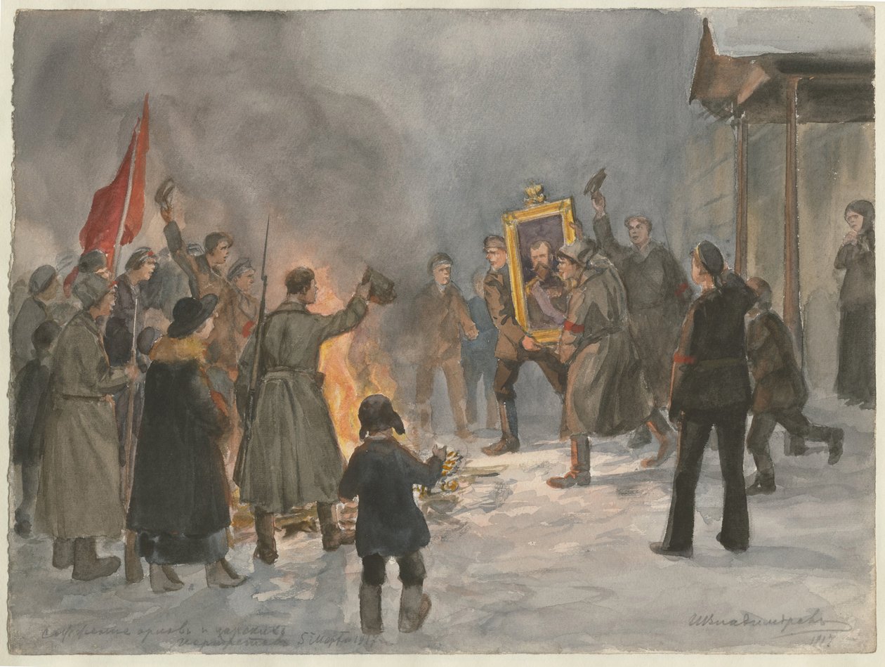 Żołnierze palący obrazy z serii akwareli Rewolucja rosyjska, 1917 autorstwa Ivan Alexeyevich Vladimirov