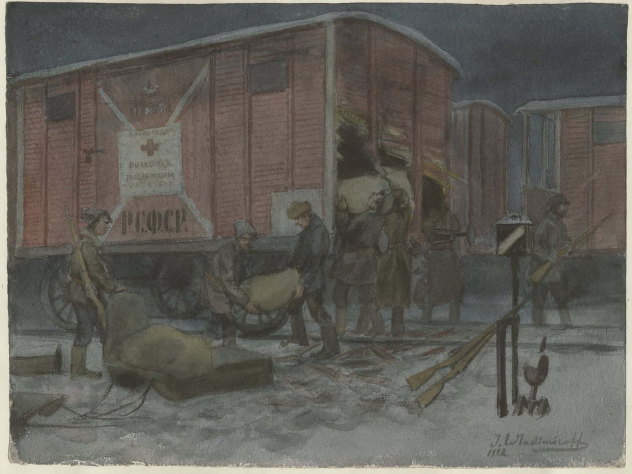Żołnierze plądrujący wagon kolejowy z serii akwareli Rewolucja rosyjska, 1922 autorstwa Ivan Alexeyevich Vladimirov