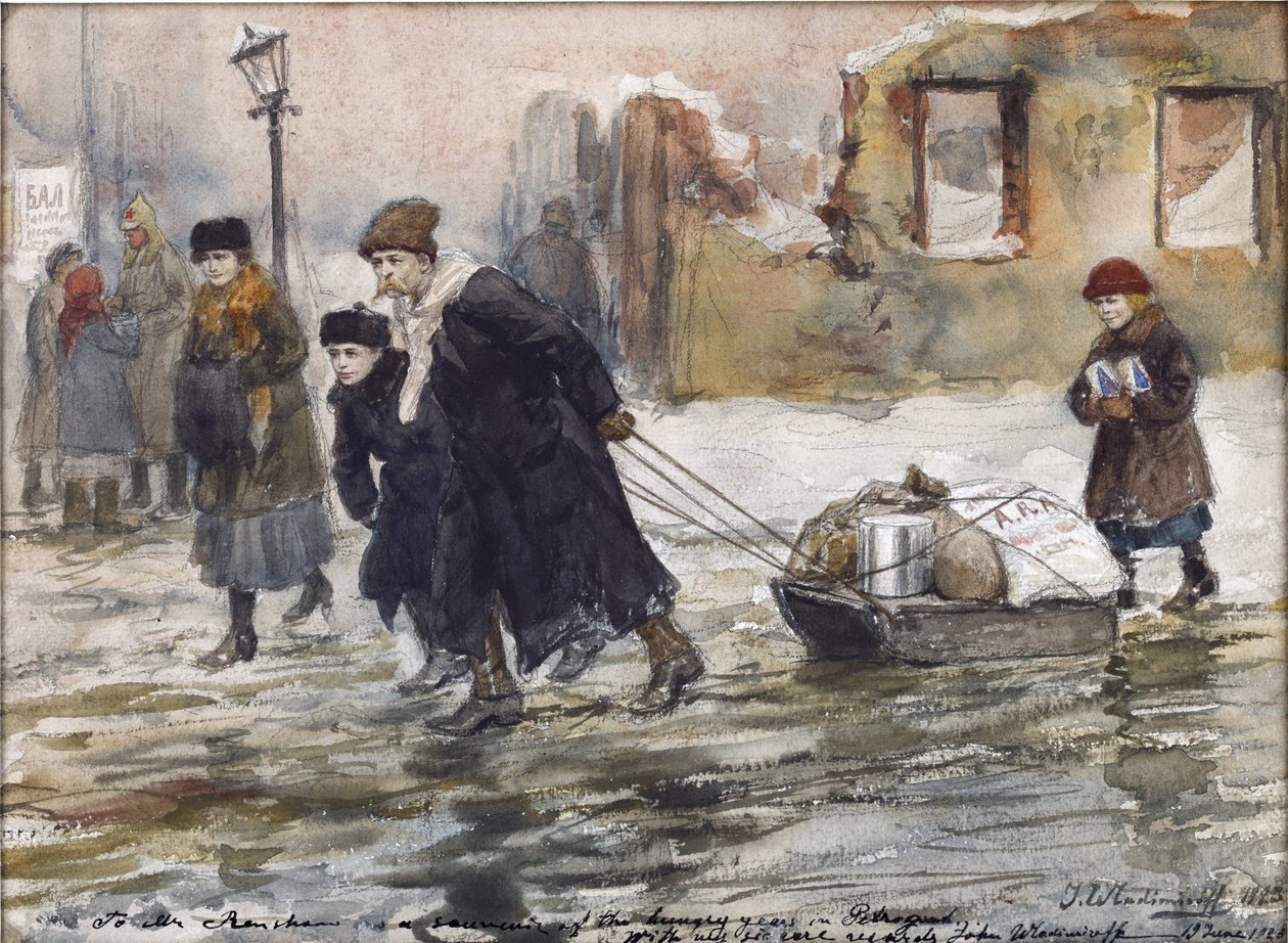 Przewóz żywności na saniach Władimira Iwana Aleksiejewicza (1869-1947). Akwarela, gwasz na papierze autorstwa Ivan Alexeyevich Vladimirov