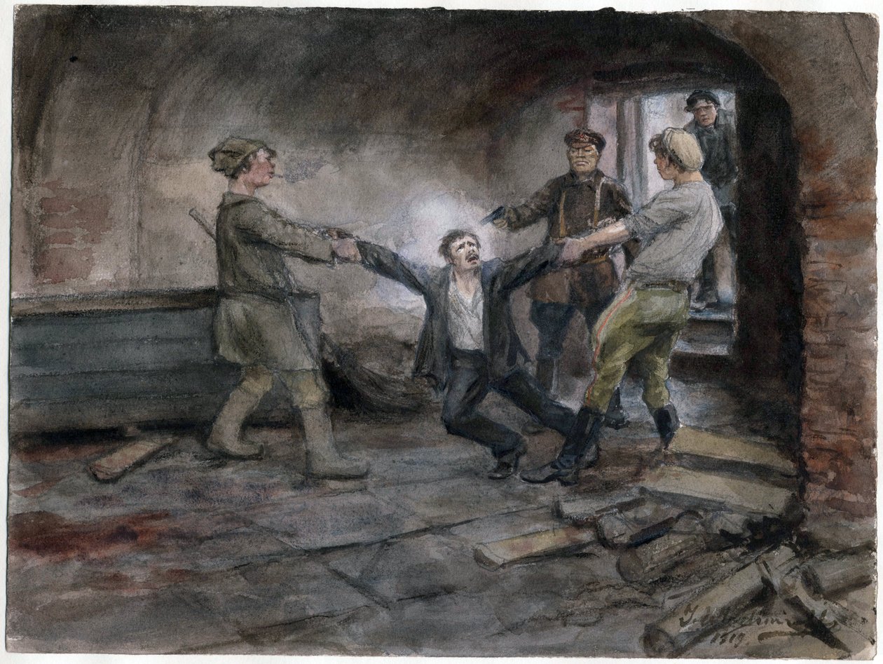 Un detenu emmene pour etre execute - Człowiek zatrzymany i stracony (z serii akwarel Rewolucja rosyjska) - Władimir Iwan Aleksiejewicz (1869-1947) - 1919 - Akwarela na papierze - 25,7x34,5 - Kolekcja prywatna autorstwa Ivan Alexeyevich Vladimirov