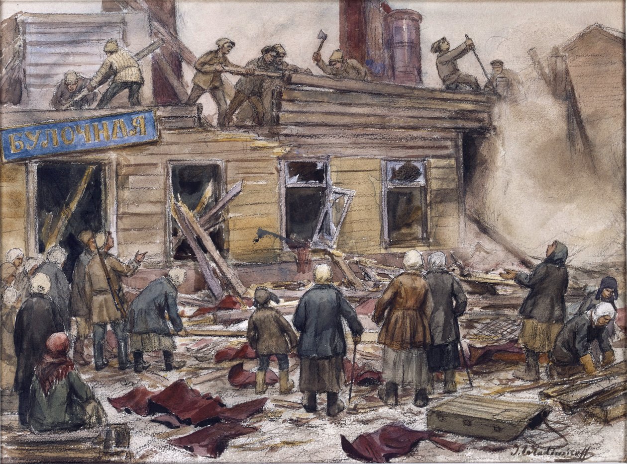 Robotnicy burzący drewniane domy na opał przez Władimira Iwana Aleksiejewicza (1869-1947). Akwarela, gwasz na papierze autorstwa Ivan Alexeyevich Vladimirov