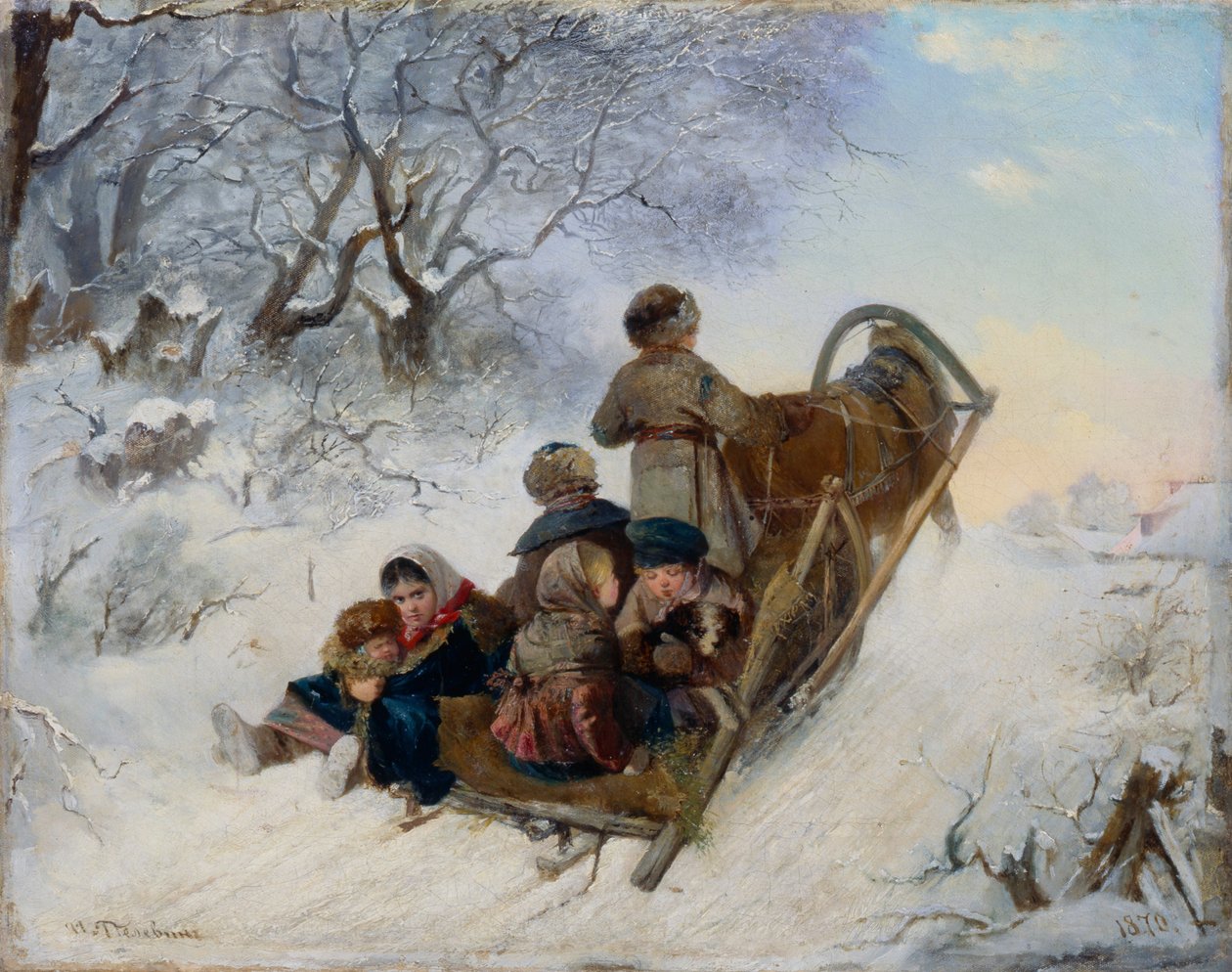 Dzieci na saniach ciągniętych przez konie, 1870 autorstwa Ivan Andreyevich Pelevin