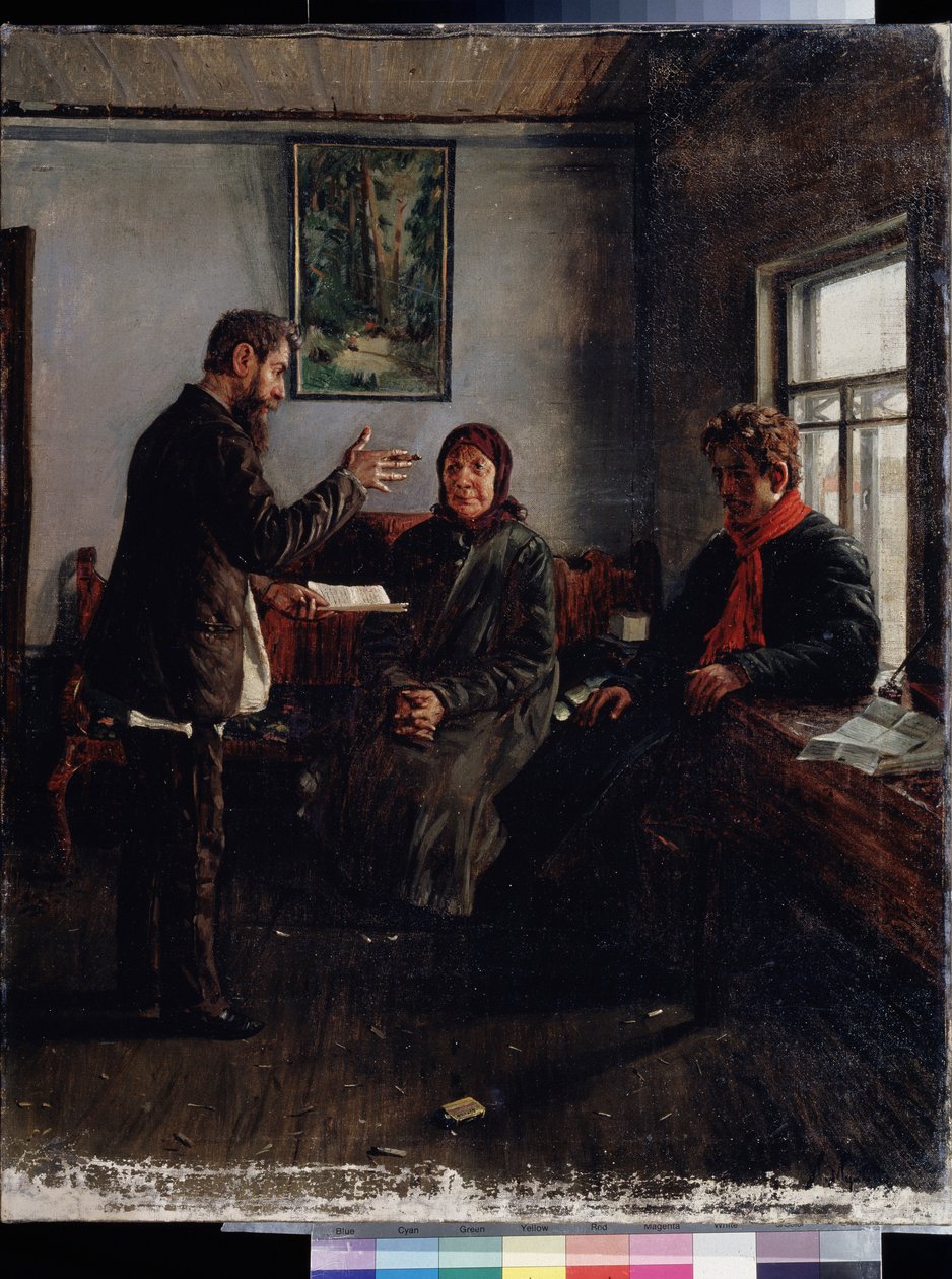 W kancelarii adwokackiej. Malarstwo Iwana Anisimowicza Muchina (1876-1944), olej na płótnie, XIX-wieczna sztuka rosyjska. Państwowe Regionalne Muzeum Sztuki im. I. Pozhalostina, Ryazan (Rosja) autorstwa Ivan Anisimovich Mukhin
