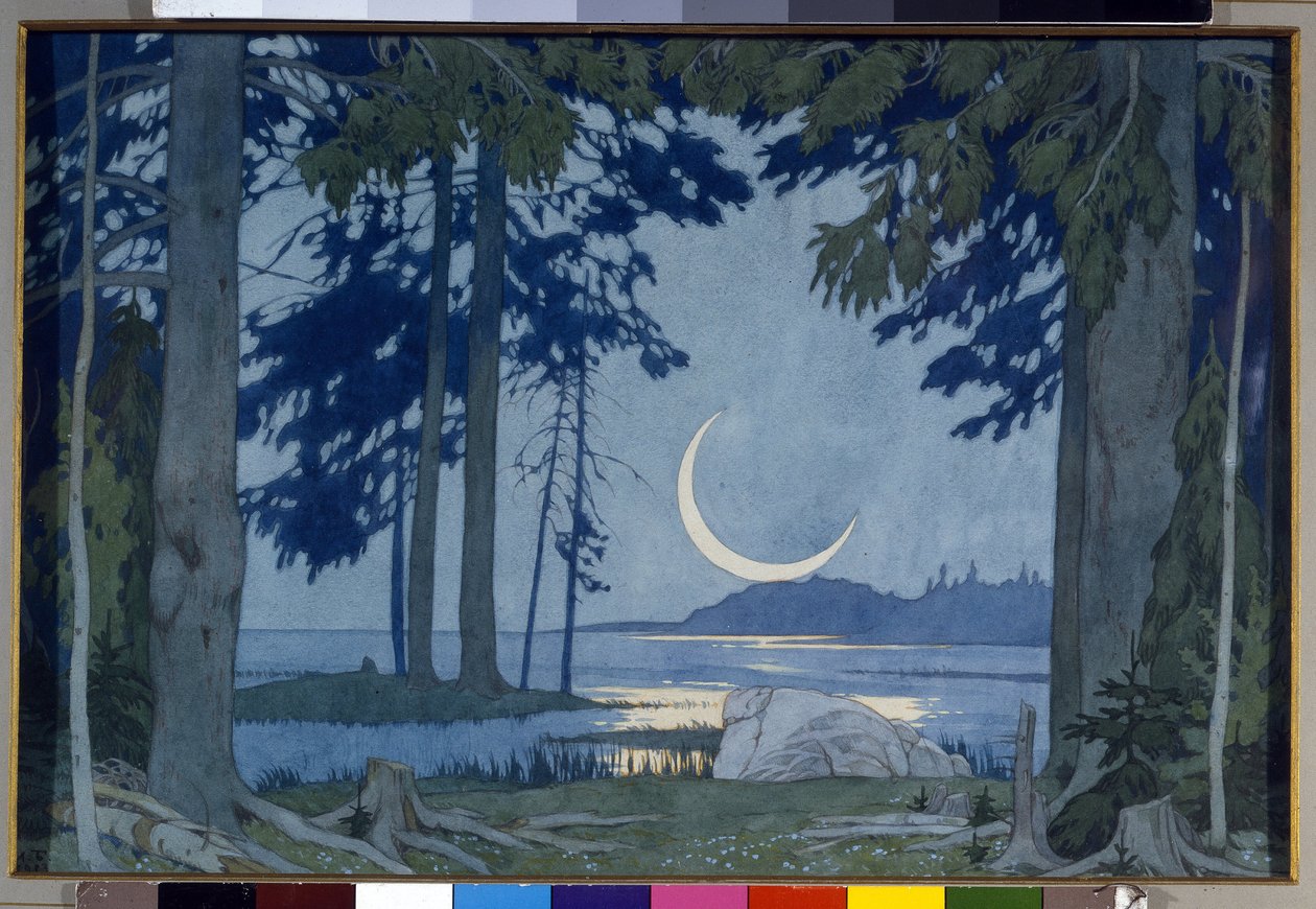 Światło księżyca nad jeziorem Ilmen. Scenografia do opery Sadko Mikołaja (Nikołaja) Rimskiego Korsakowa (Rimski-Korsakow) (1844-1908) (Noc nad jeziorem Ilmen. Scenografia do opery Sadko N. Rimskiego-Korsakowa (Rimski Korsakow). Dzieło Iwana Jakuba Bilibi autorstwa Ivan Yakovlevich Bilibin