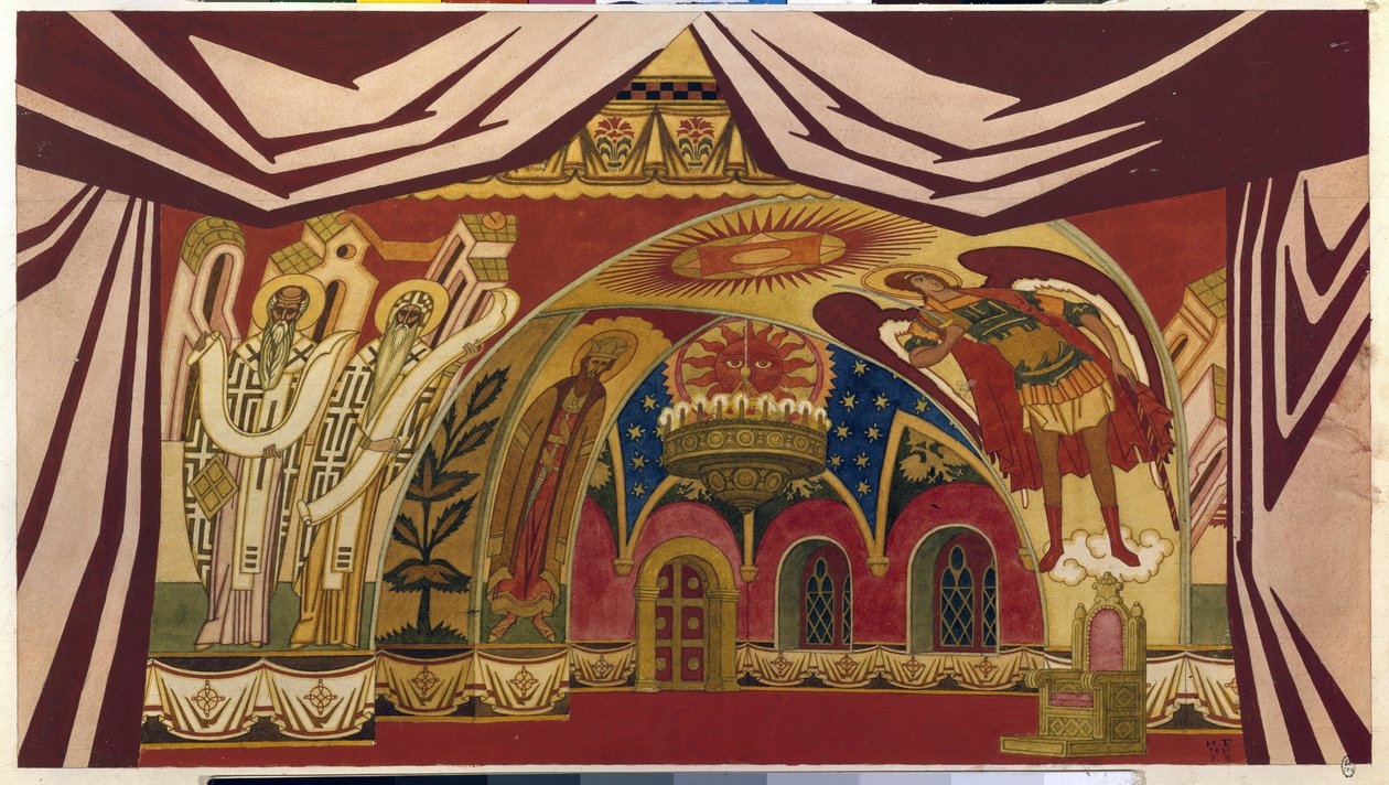Wystrój do opery „Oblubienica cara” Mikołaja (Nikołaja) Rimskiego Korsakowa (Rimskiego-Korsakowa) (1844-1908). Praca Ivana Yakovlevicha Bilibin (Bilibin) (1876-1942), akwarela i gwasz na papierze autorstwa Ivan Yakovlevich Bilibin