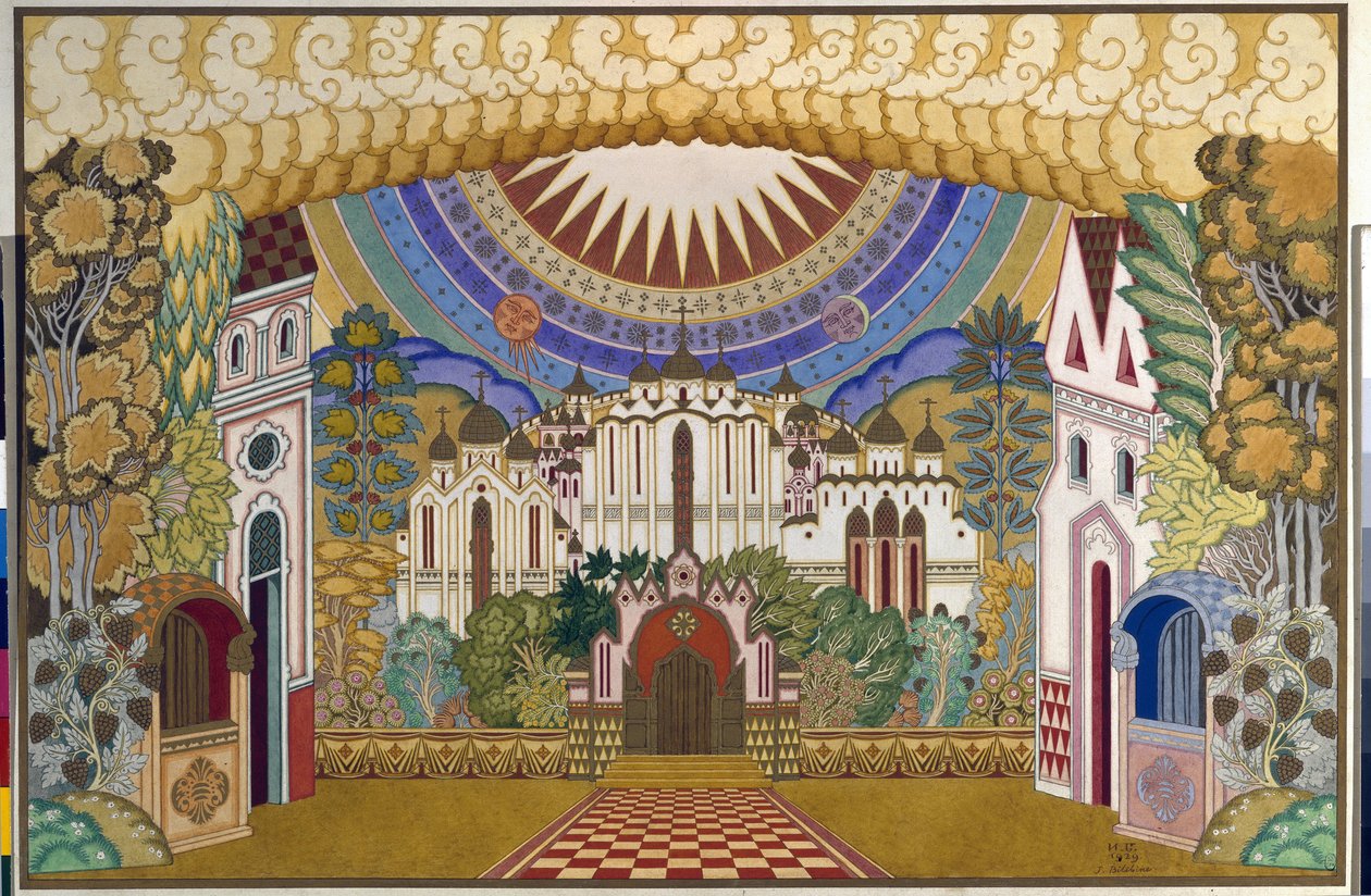 Sceneria do opery „Legenda o niewidzialnym mieście Kitege i dziewicy Fevronia” (Legenda o niewidzialnym mieście Kitege i dziewicy Fevronia) Mikołaja (Nikolai) Rimskiego Korsakowa (Rimsky-Korsakov) (1844- 1908)). Grafika autorstwa Ivana Yakovle .a autorstwa Ivan Yakovlevich Bilibin