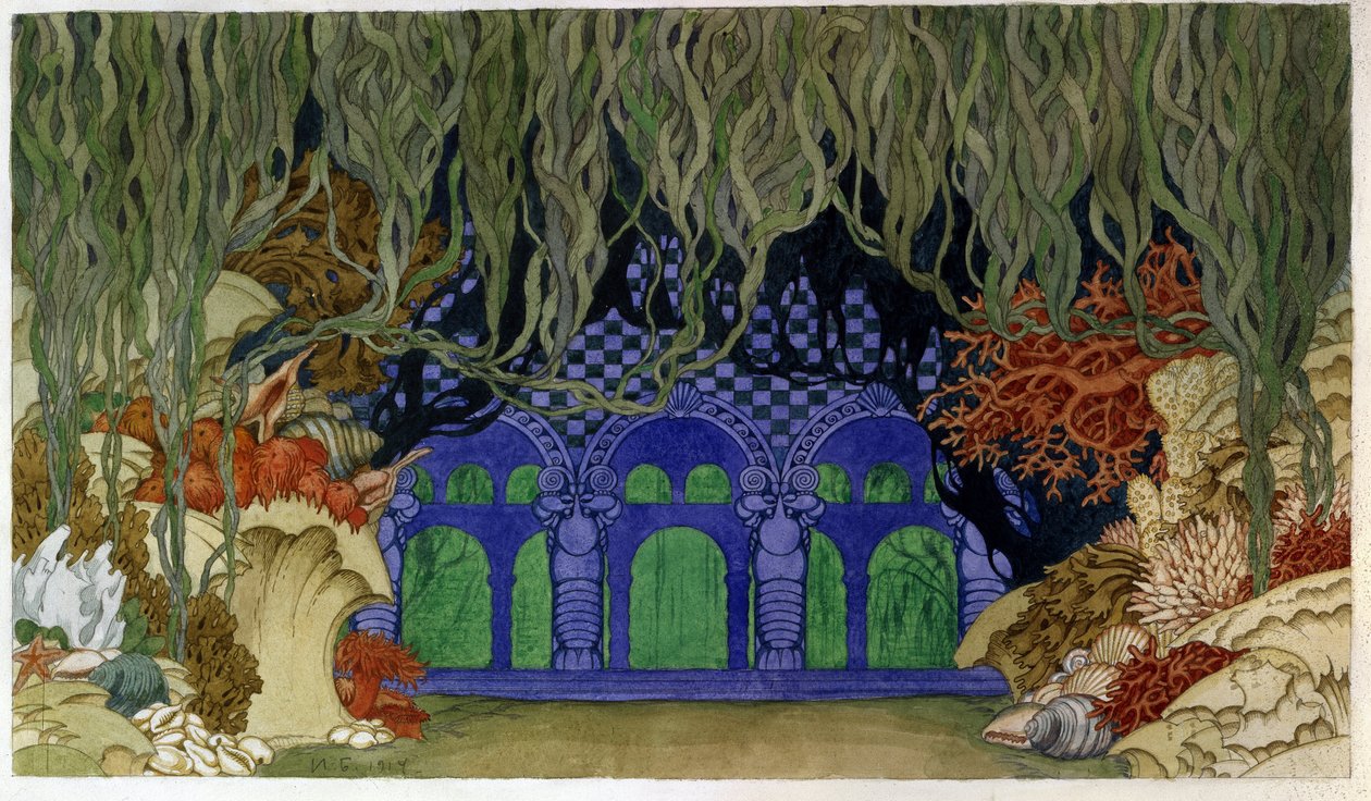 Scenografia do opery Sadko Mikołaja (Nikołaja) Rimskiego Korsakowa (Rimskiego-Korsakowa) (1844-1908). (Scenografia do opery Sadko N. Rimskiego Korsakowa (Rimsky-Korsakov). Dzieła Iwana Jakowlewicza Bilibina (Bilibine) (1876-1942), akwarela i go autorstwa Ivan Yakovlevich Bilibin