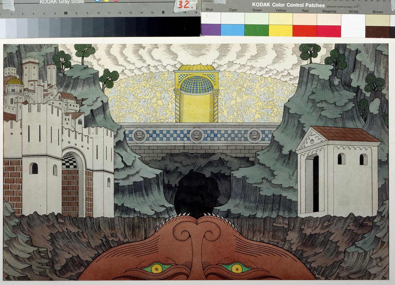 Rysunek przygotowawczy do sztuki „Cud Teofila” Rutebeufa (1230-1285) (projekt scenografii do sztuki Le Miracle de Theophile Rutebeufa). Obraz Iwana Jakuba Bilibina (Bilibin) (1876-1942). Akwarela i tusz na papierze, 39,5 x 64 cm autorstwa Ivan Yakovlevich Bilibin
