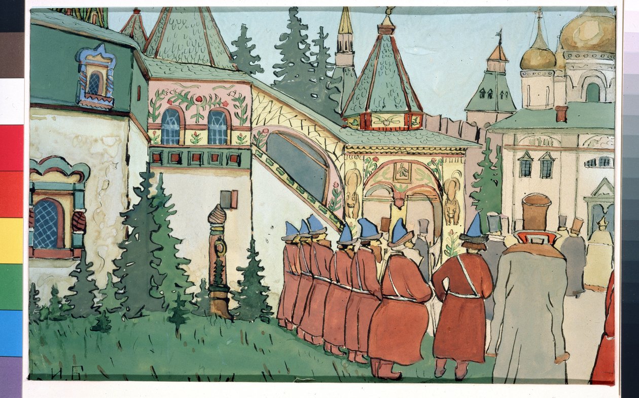 Rysunek przygotowawczy do spektaklu Finist the Falcon inspirowany rosyjską bajką „Piórko Finisty dumnego sokoła” (Scenografia do spektaklu Finist the Falcon). Obraz Iwana Jakuba Bilibina (Bilibin) (1876-1942). Akwarela, gwasz autorstwa Ivan Yakovlevich Bilibin