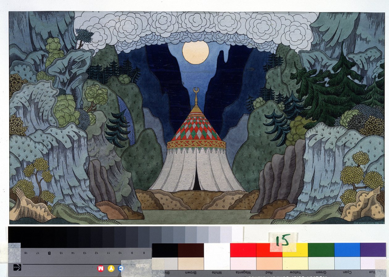 Rysunek przygotowawczy do scenografii do opery „Złoty Kogucik” Mikołaja (Nikolai) Rimskiego Korsakowa (Rimski-Korsakow) (1844-1908) (Scenografia do opery Złoty Kogucik N. Rimskiego-Korsakowa (Rimski Korsakow) Rysunek Iwana Jakuba Bilibina (Billy autorstwa Ivan Yakovlevich Bilibin
