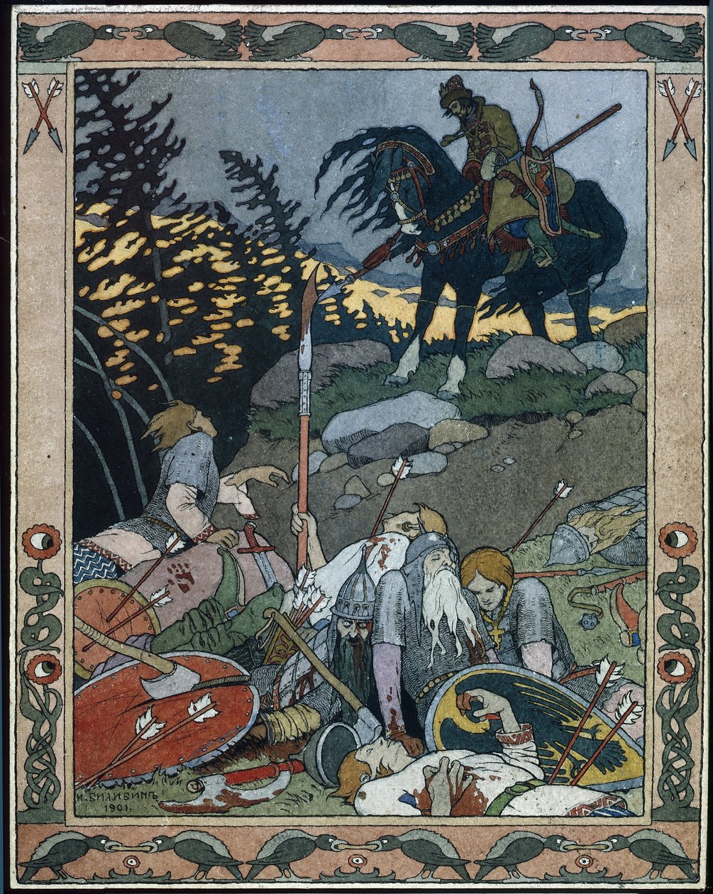 Ilustracja do bajki Maria des mers (Ilustracja do bajki Marya Morevna). Książę Iwan odkrywa armię pokonaną przez królową wojowników Marię Morevnę. Praca Ivana Yakovlevicha Bilibin (Bilibin) (1876-1942), akwarela i tusz na papierze autorstwa Ivan Yakovlevich Bilibin