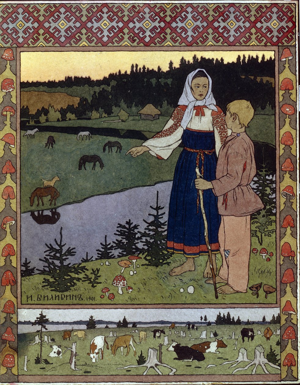 Ilustracja do tradycyjnej bajki Alyonouchka i Ivanouchka. Praca Iwana Jakowlewicza Bilibin (Bilibin) (1876-1942), litografia autorstwa Ivan Yakovlevich Bilibin