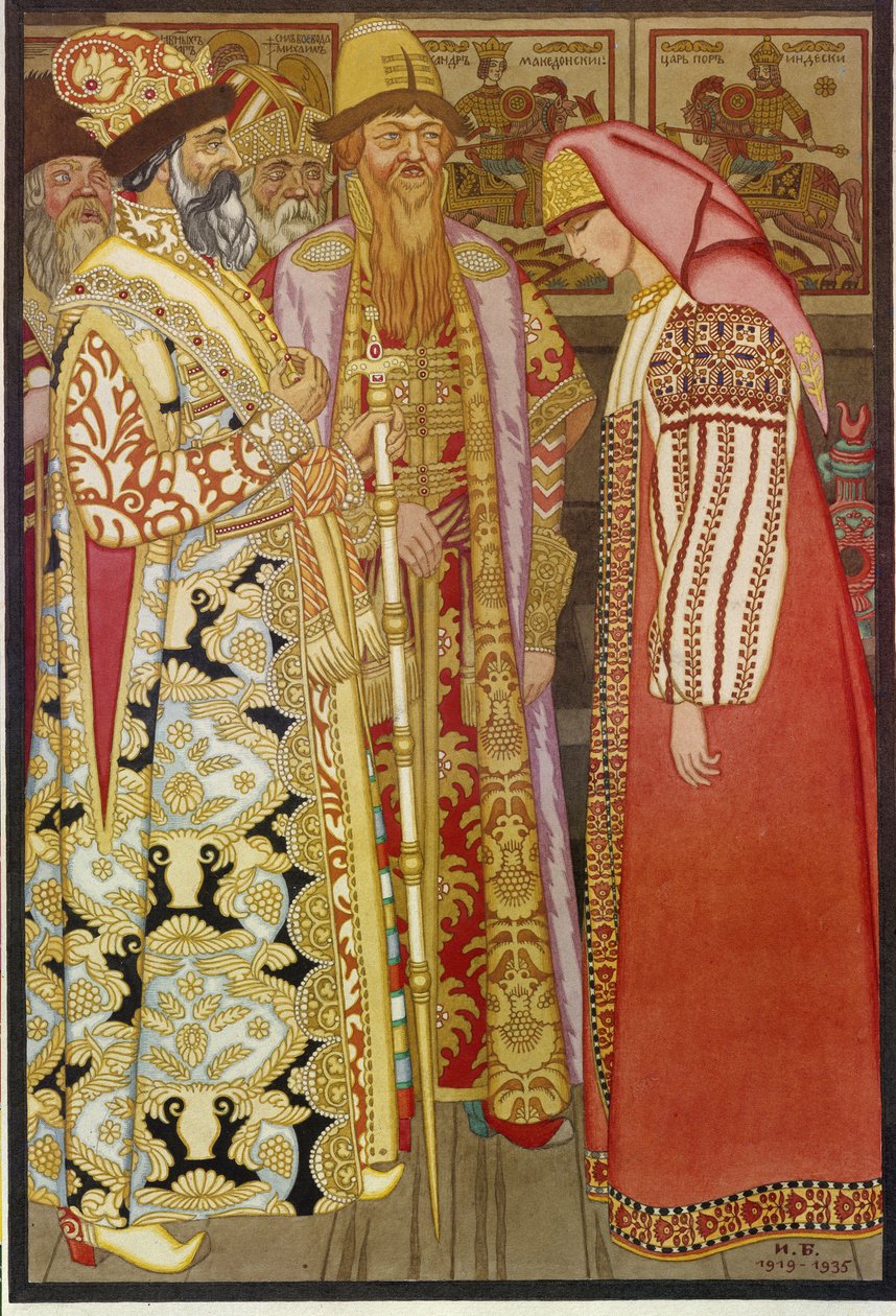 Żona łucznika przed carem i jego orszakiem, ilustracja z rosyjskiej bajki "Idź nie wiem gdzie, przywieź nie wiem co" (Żona łucznika przed carem i jego orszakiem) - Obraz Iwana Jakuba Bilibin (Bilibin) (1876-1942) autorstwa Ivan Yakovlevich Bilibin