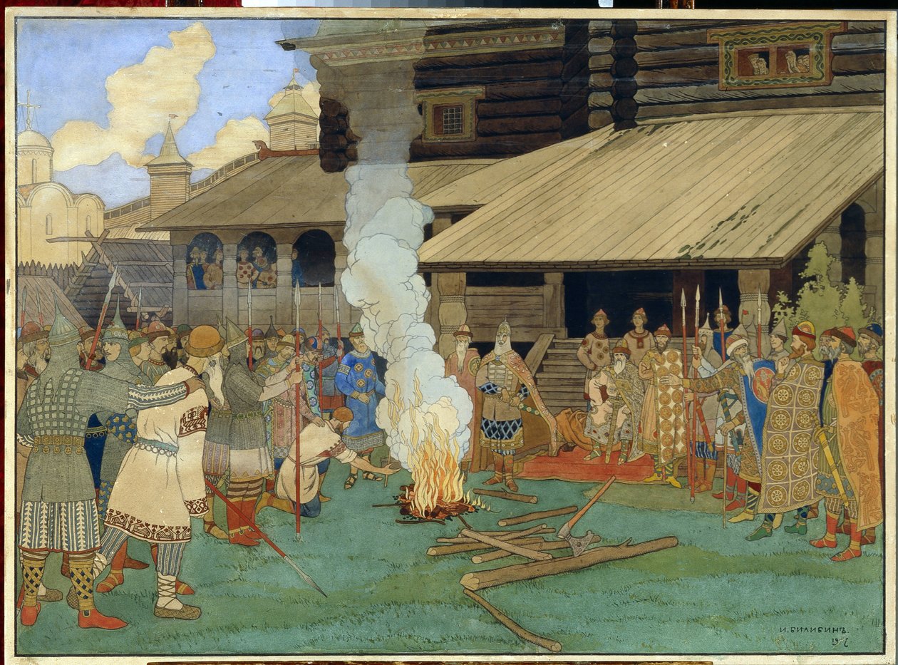 Wymierzanie sprawiedliwości na Rusi Kijowskiej. Na placu publicznym, w czasach księcia Jarosława Władimirowicza, zwanego Mądrym (978-1054), scena gehenny, sądu Bożego, oskarżony klęka autorstwa Ivan Yakovlevich Bilibin
