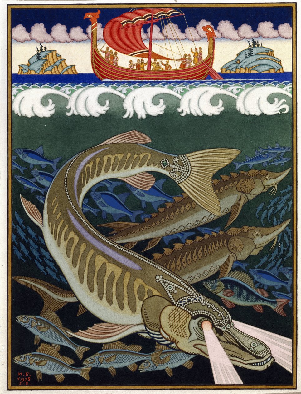 Imperium morza (Imperium Morskie). Rosyjska tradycyjna opowieść. Praca Ivana Yakovlevicha Bilibin (Bilibin) (1876-1942), akwarela i gwasz na papierze autorstwa Ivan Yakovlevich Bilibin