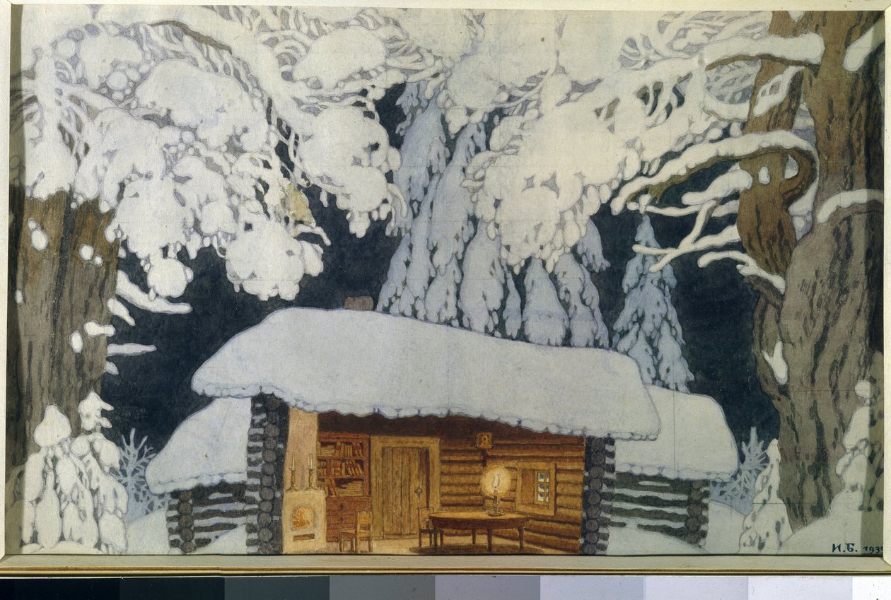 Drewniany dom w zaśnieżonym lesie. Sceneria do spektaklu „Dowódca Suworow”. Praca Ivana Yakovlevicha Bilibin (Bilibin) (1876-1942), akwarela i gwasz na papierze autorstwa Ivan Yakovlevich Bilibin