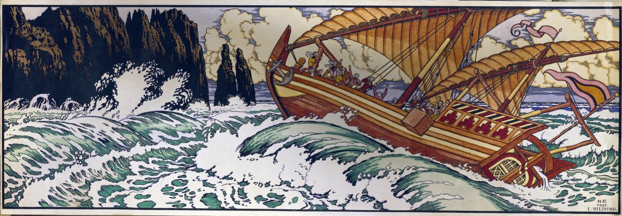 Sindbad żeglarz. Ilustracja do tradycyjnej arabskiej opowieści z tysiąca i jednej nocy. Praca Ivana Yakovlevicha Bilibin (Bilibin) (1876-1942), akwarela na papierze autorstwa Ivan Yakovlevich Bilibin