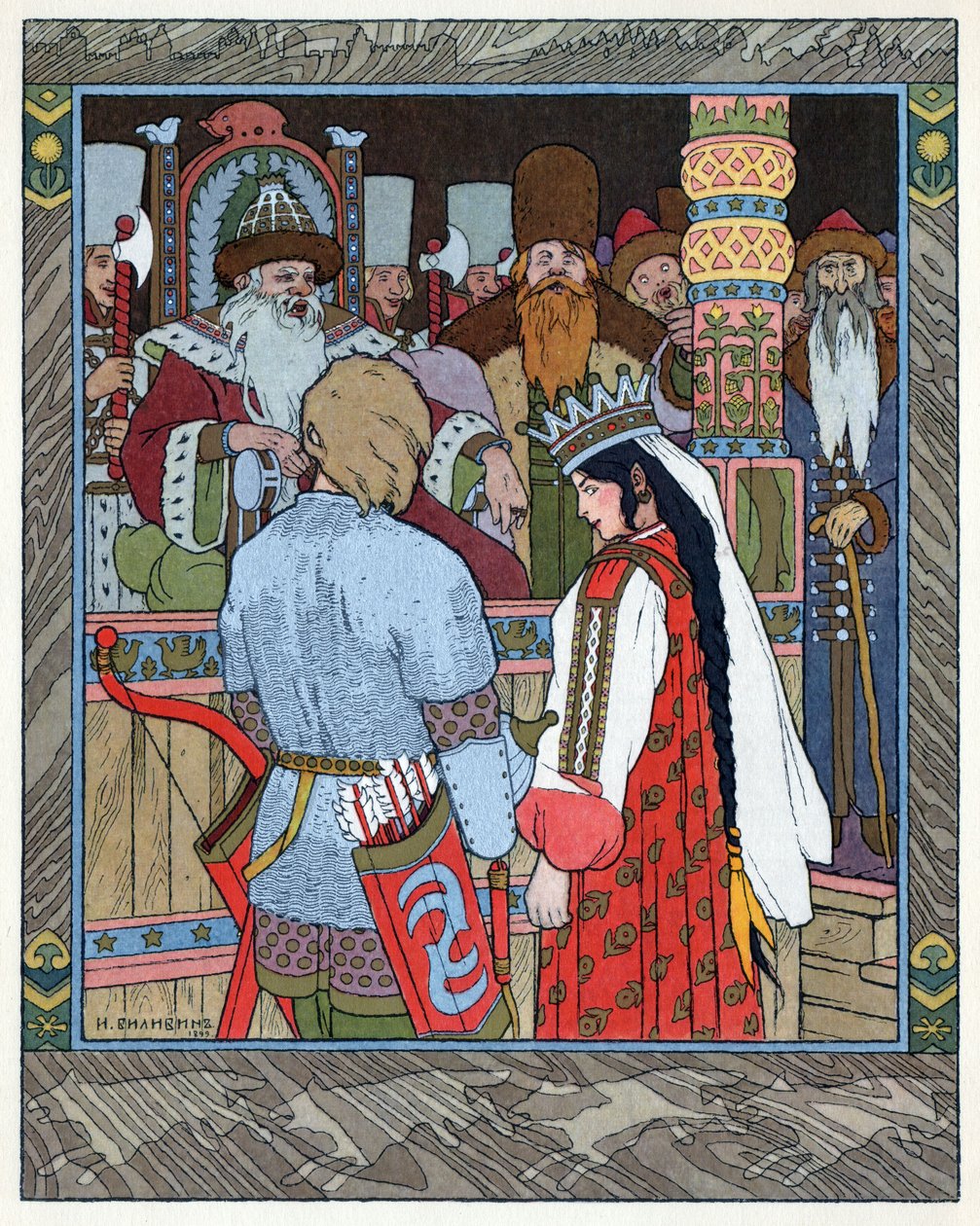Carewicz Iwan, Ognisty Ptak i Szary Wilk, c.1899 (litografia) autorstwa Ivan Yakovlevich Bilibin