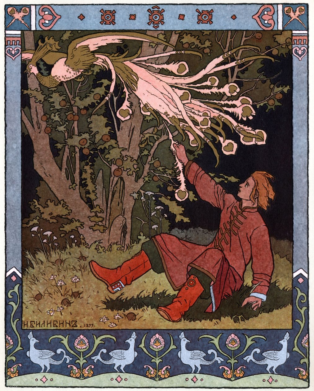 Carewicz Iwan, Ognisty Ptak i Szary Wilk, c.1899 (litografia) autorstwa Ivan Yakovlevich Bilibin