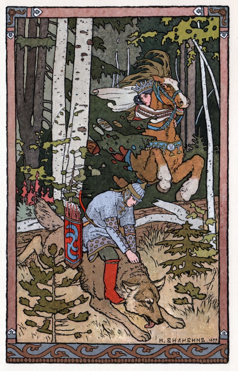 Carewicz Iwan, Ognisty Ptak i Szary Wilk, c.1899 (litografia) autorstwa Ivan Yakovlevich Bilibin