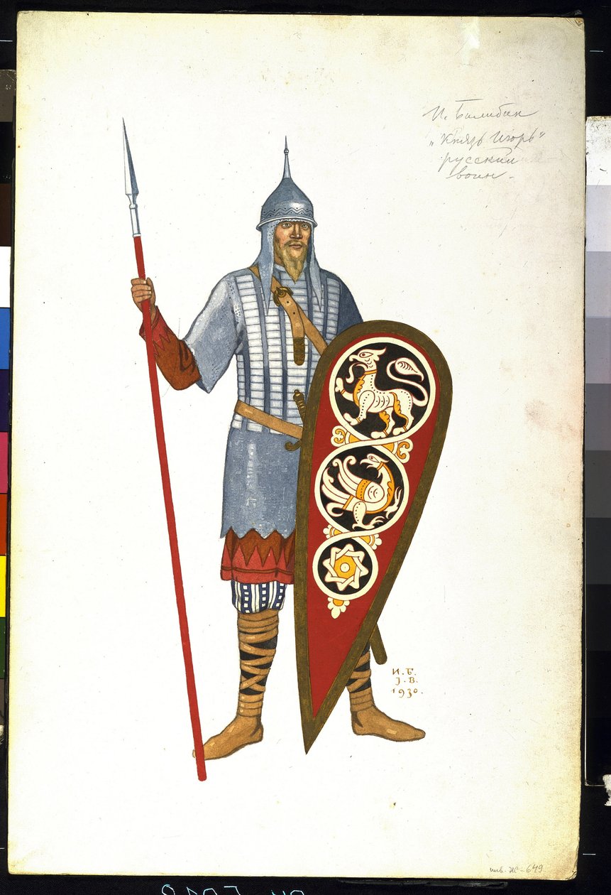 Rosyjski wojownik w XII wieku. Kostium do opery „Książę Igor” Aleksandra Borodina (1833-1887) (rosyjski wojownik. Projekt kostiumu do opery Książę Igor A. Borodina). Obraz Iwana Jakuba Bilibina (Bilibin) (1876-1942) autorstwa Ivan Yakovlevich Bilibin