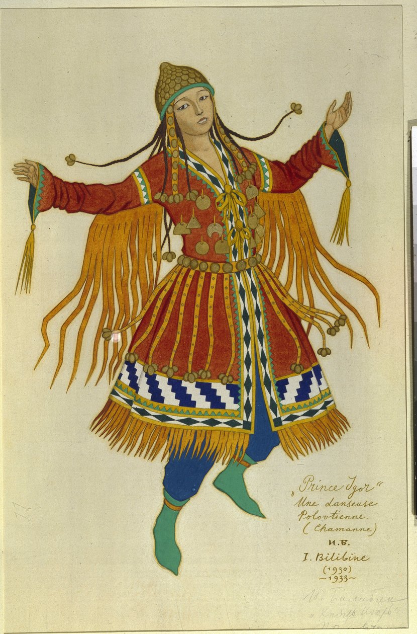 Połowski (lub Couman, Kuman) tancerz szamański. Kostium do opery „Książę Igor” Aleksandra Borodina (Borodina) (1833-1887). Praca Ivana Yakovlevicha Bilibin (Bilibin) (1876-1942), akwarela na papierze autorstwa Ivan Yakovlevich Bilibin