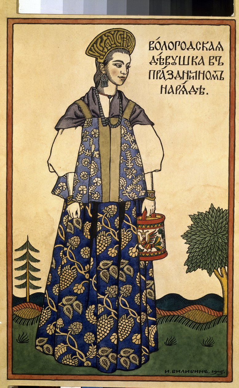 Młoda dama z Wołogdy w odświętnej sukience. (Dziewczyna z Wołody w odświętnym stroju). Ubrana w kokochnik, wysokie nakrycie głowy i sarafane, prostą sukienkę bez rękawów, z regionu na północ od Moskwy. Praca Iwana Jakowlewicza Bilibina (Bilibin) (1876-1942 autorstwa Ivan Yakovlevich Bilibin