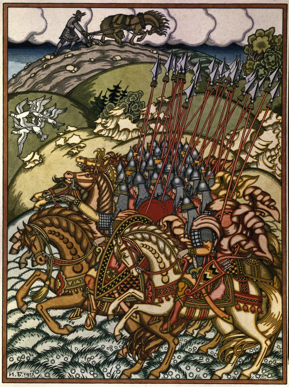 Wołga Światosławicz (Wsiesław de Połock (wers 1039-1101), wielki książę kijowski de 1068 a 1069) i Mikula Selyaninovich (?). Oeuvre de Ivan Yakovlevich Bilibin (Bilibine) (1876-1942), litografia autorstwa Ivan Yakovlevich Bilibin