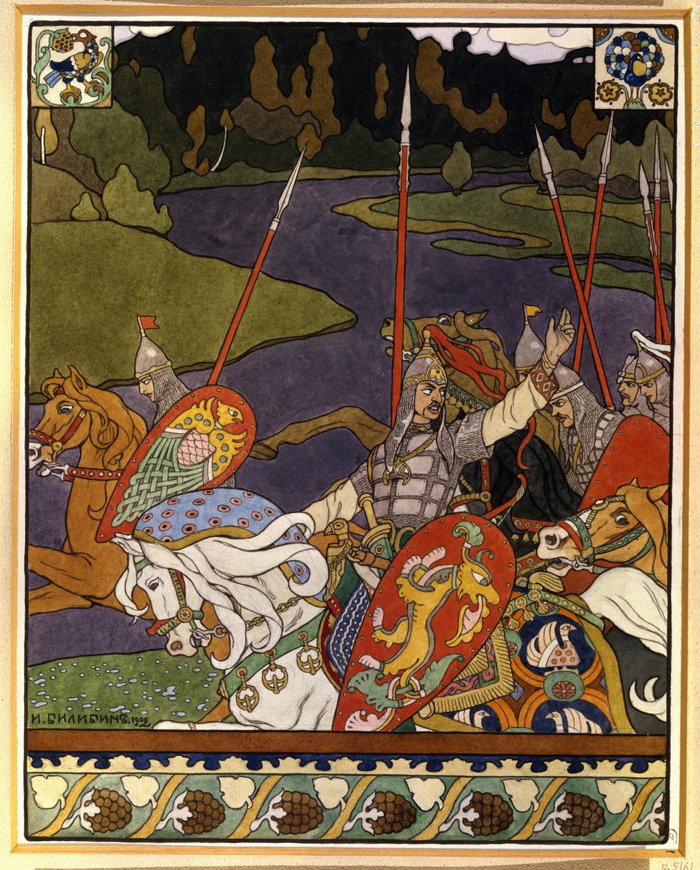 Wołga Światosławicz i jego armia. (Wołga Światosławicz i jego armia). Ilustracja do mitycznych eposów inspirowanych folklorem północnej Rosji. Praca Iwana Jakowlewicza Bilibin (Bilibin) (1876-1942), litografia autorstwa Ivan Yakovlevich Bilibin