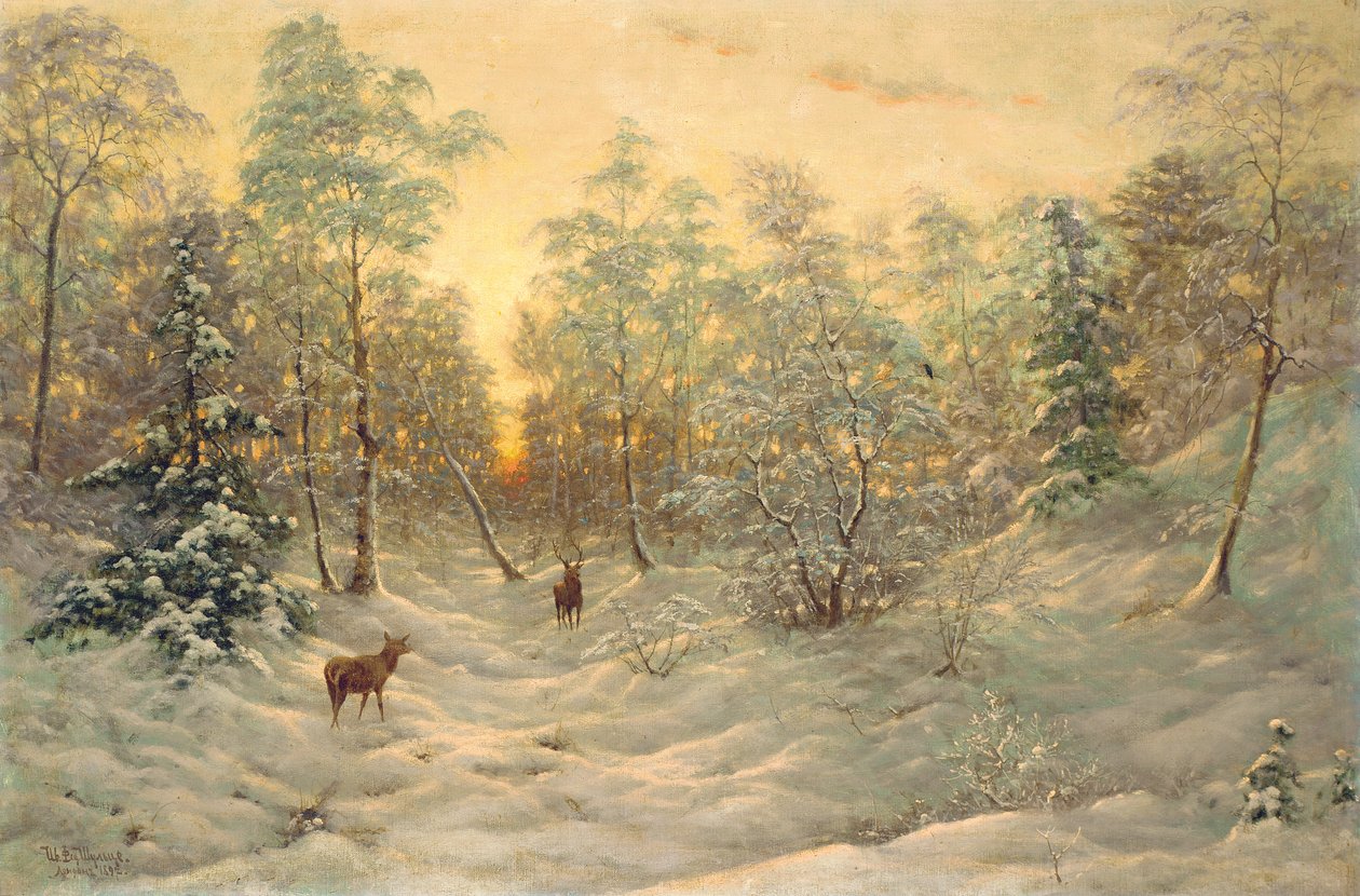 Jeleń w śnieżnym krajobrazie o zmierzchu autorstwa Ivan Fedorovich Choultse
