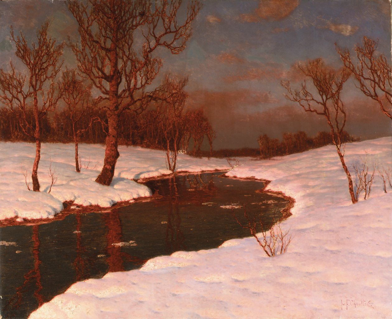 Zachód słońca na krajobrazie zaśnieżonej rzeki autorstwa Ivan Fedorovich Choultse