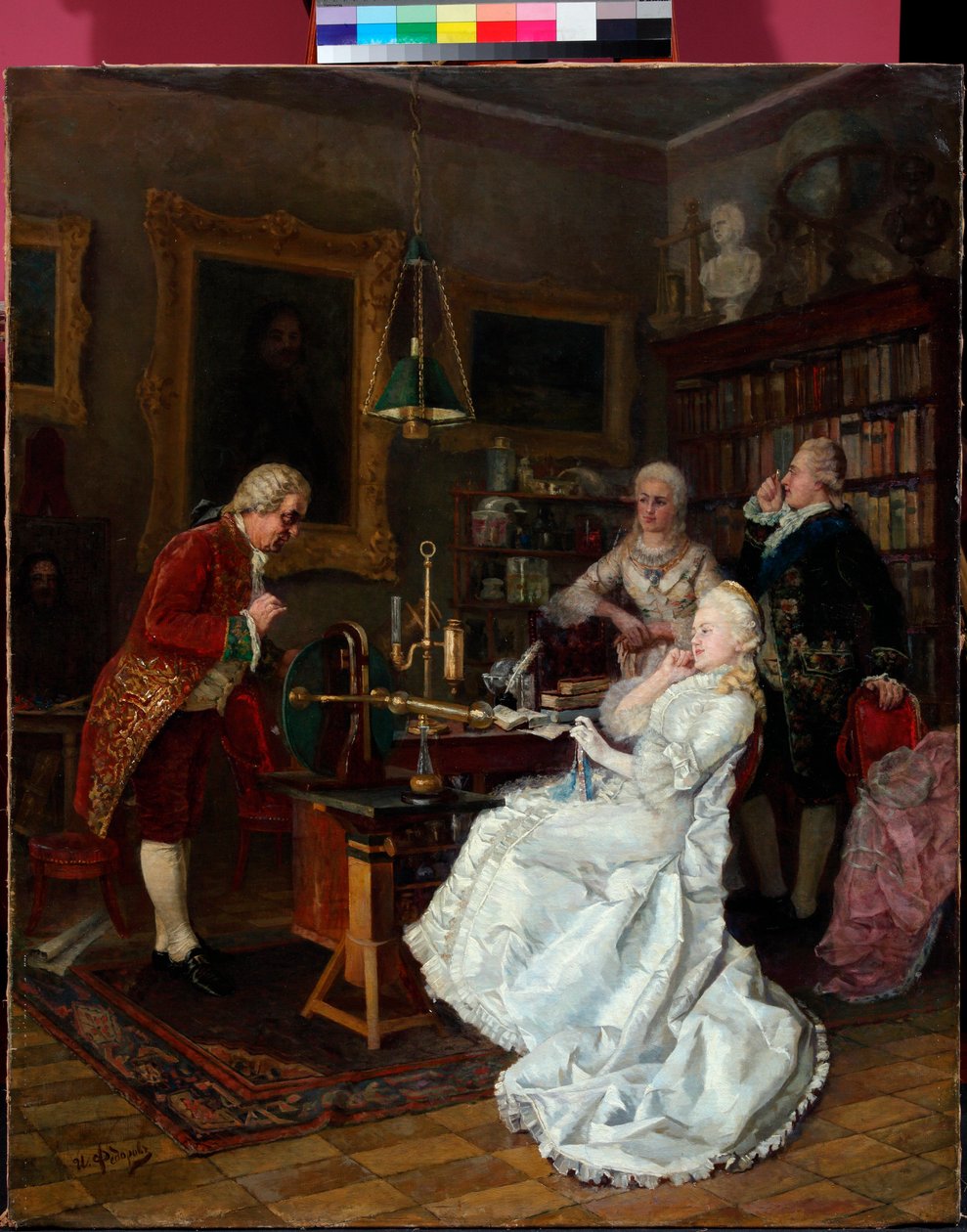 Cesarzowa Katarzyna II z Rosji (1729-1796) z wizytą u Michaiła Łomonosowa (1711-1765) (Cesarzowa Katarzyna z wizytą u M. Łomonosowa) Obraz Iwana Fiodorowa (Fiodorowa) (1853-1894) autorstwa Ivan Feodorov