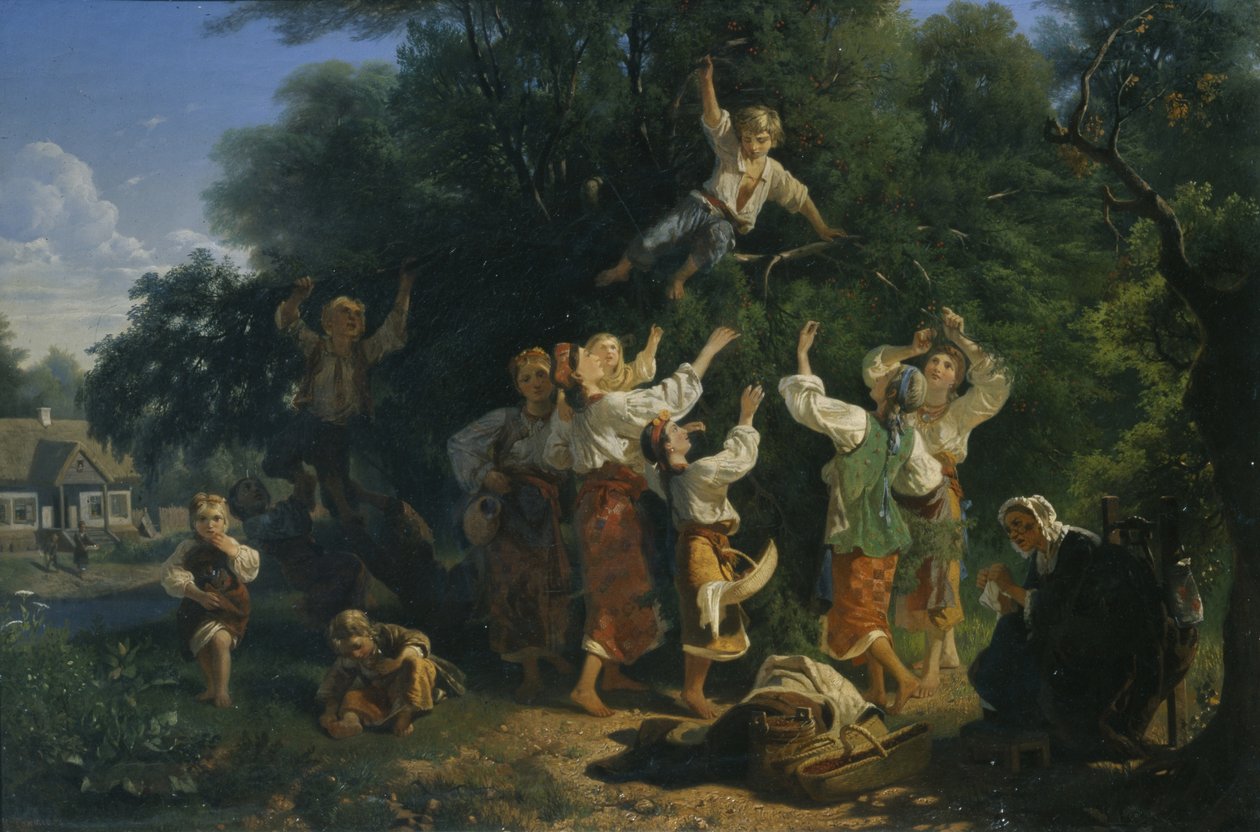 Zbiór wiśni w ziemiańskim ogródku owocowym na Ukrainie, 1858 r. autorstwa Ivan Ivanovich Sokolov