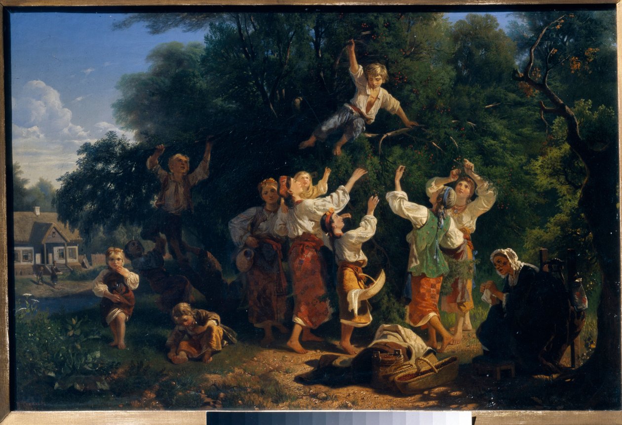 Zbieranie wiśni w sadzie właściciela na Ukrainie. Obraz Iwana Iwanowicza Sokołowa (1823-1918), olej na płótnie autorstwa Ivan Ivanovich Sokolov