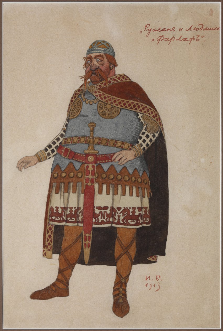 Projekt kostiumów do opery Rusłan i Ludmiła M. Glinki par Bilibin, Iwan Jakowlewicz (1876-1942). Akwarela na tekturze autorstwa Ivan Yakovlevich Bilibin