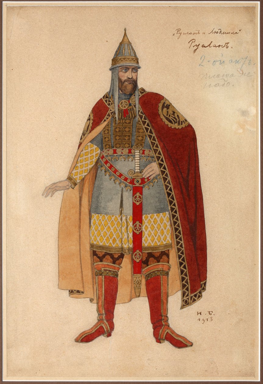 Projekt kostiumów do opery Rusłan i Ludmiła M. Glinki par Bilibin, Iwan Jakowlewicz (1876-1942). Akwarela na tekturze autorstwa Ivan Yakovlevich Bilibin