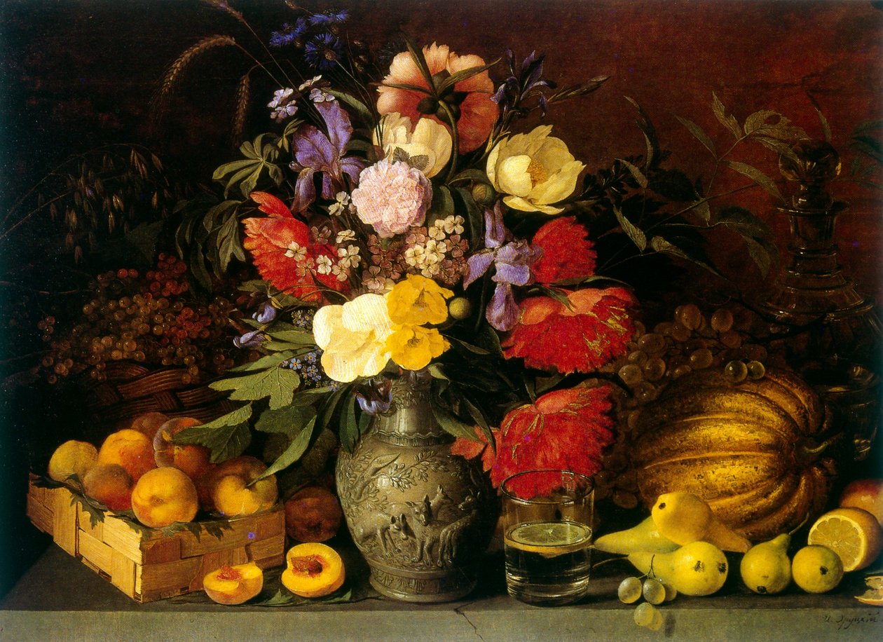 Martwa natura z kwiatami i owocami 1839 autorstwa Iwana Chruckiego (18101885) nazwisko rodowe: Jan Chrucki. Malarz polsko-rosyjski autorstwa Ivan Khrutsky