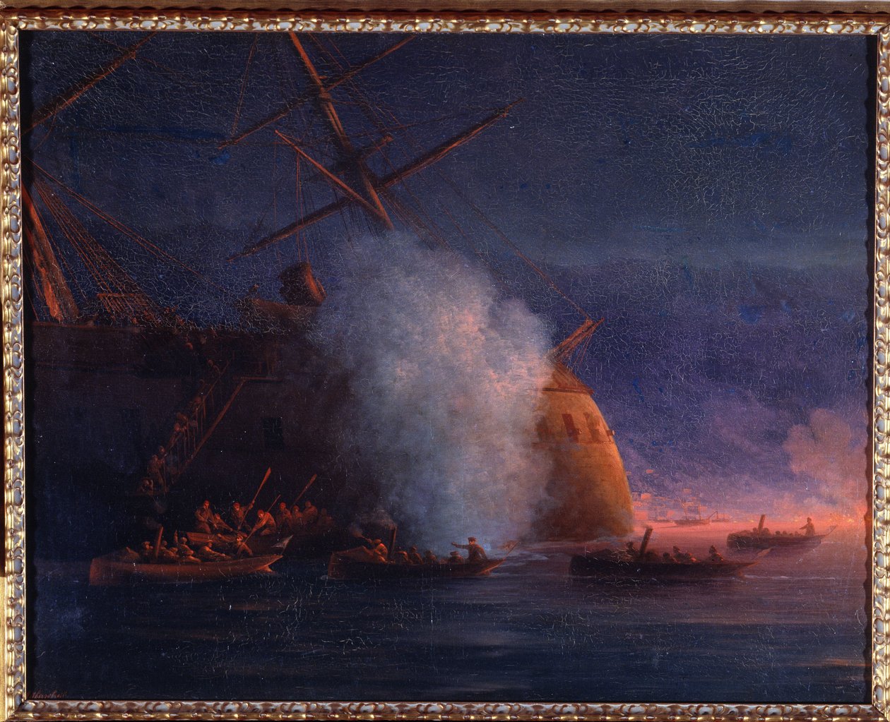 Wojna rosyjsko-turecka (rosyjsko-turecka) z lat 1877-1878: atak rosyjskich żaglówek na turecki pancernik parowy Assari Shevket na Morzu Czarnym, 12 sierpnia 1877 r. (Atak rosyjskich kutrów na turecki pancernik parowy Assari Shevket w Morze Czarne w dniu 12 autorstwa Ivan Konstantinovich Aivazovsky