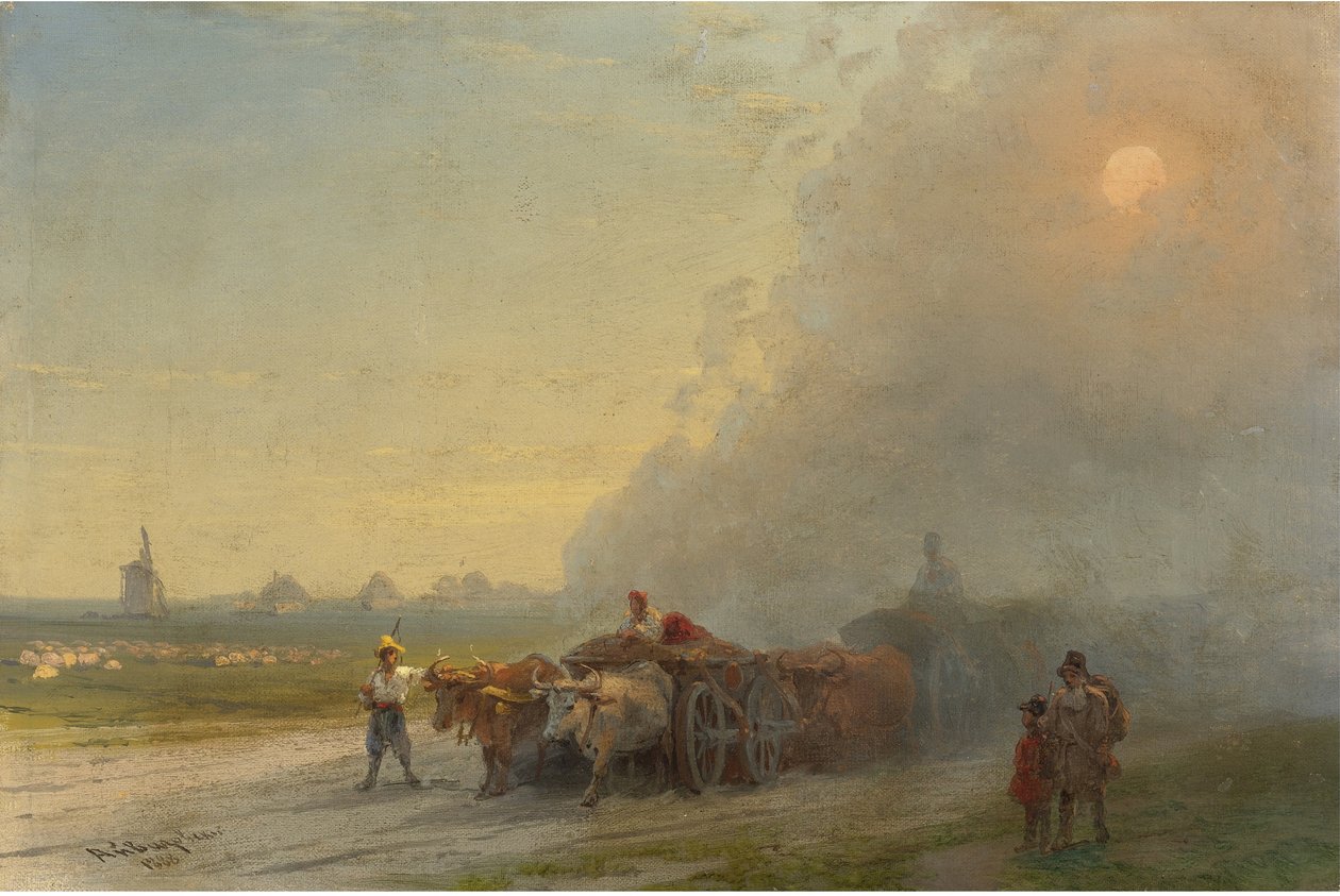 „Wozy wołowe na ukraińskim stepie” (Wozy wołowe na ukraińskim stepie) Obraz Iwana Konstantynowicza Aiwazowskiego (Aiwazowski 1817-1900) 1888 - Olej na płótnie wym. 26x38,7 cm Kolekcja prywatna autorstwa Ivan Konstantinovich Aivazovsky