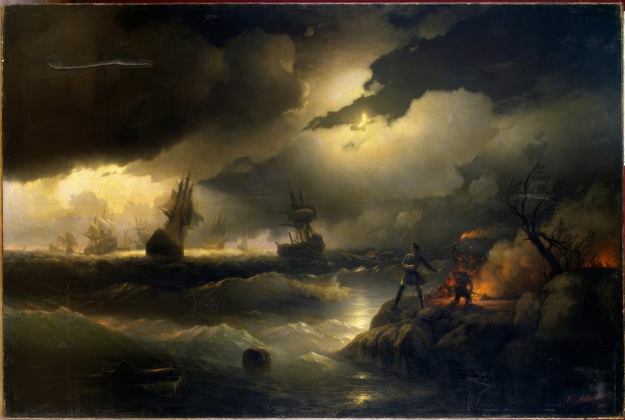 Piotr Wielki zapala latarnię morską dla Krasnoi Gorka autorstwa Ivan Konstantinovich Aivazovsky