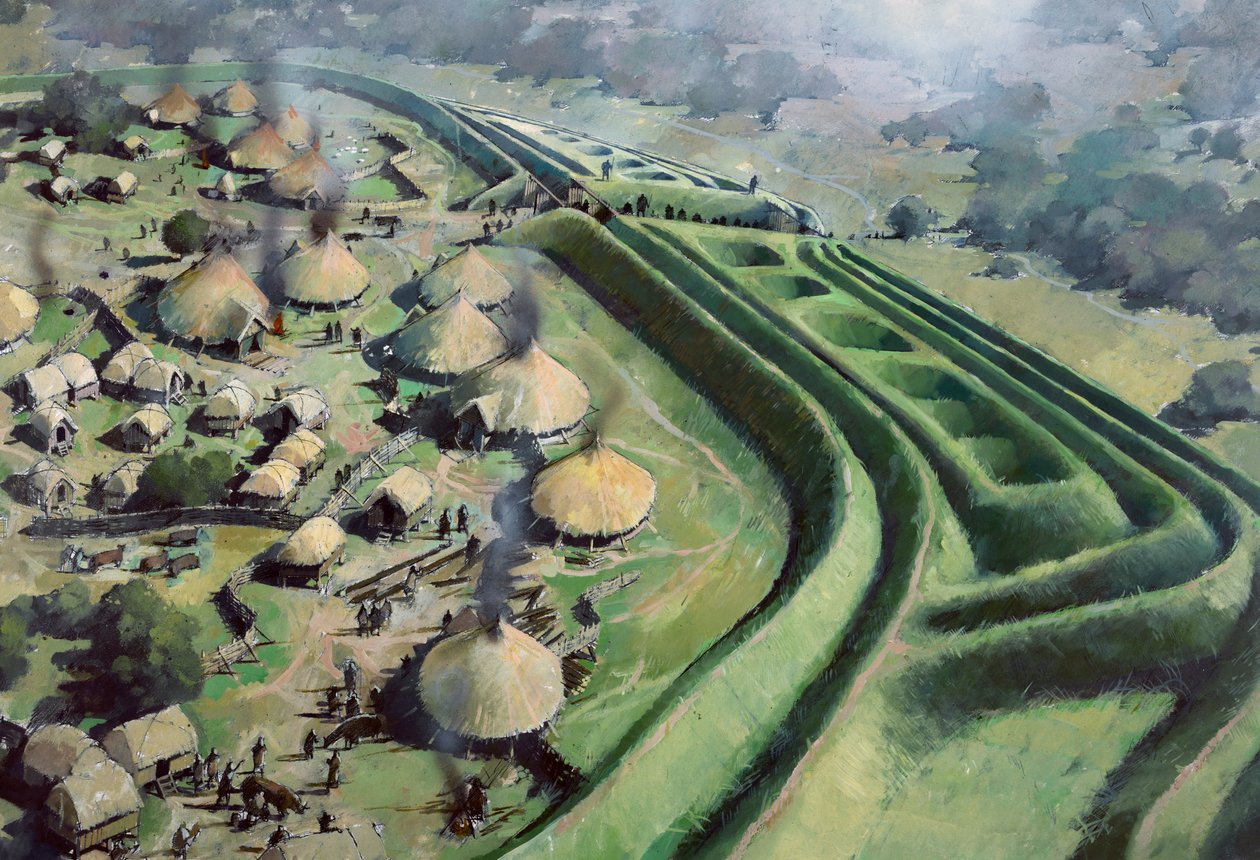 Widok z lotu ptaka na wejście do fortu Old Oswestry Hill w epoce żelaza, c1970-2010 autorstwa Ivan Lapper