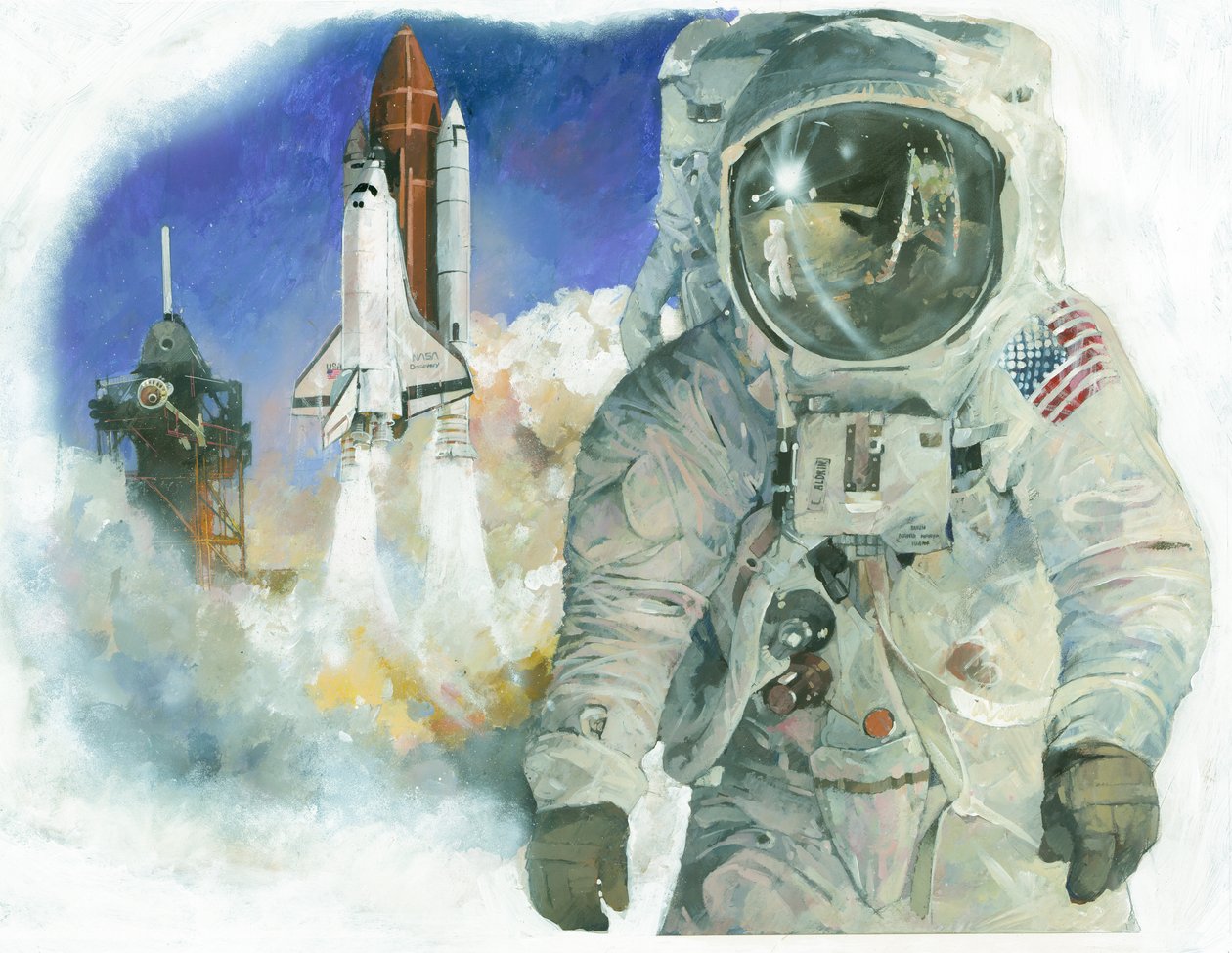 Amerykański astronauta Buzz Aldrin w skafandrze kosmicznym i prom kosmiczny Discovery startujący z Centrum Kosmicznego Kennedy