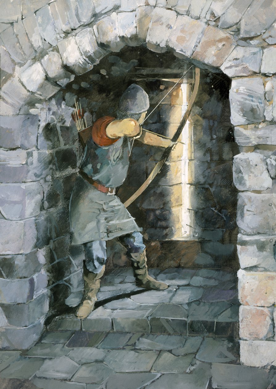 Łucznik wystrzeliwujący strzałę przez szczelinę, zamek Beeston, Cheshire (akwarela na papierze) autorstwa Ivan Lapper