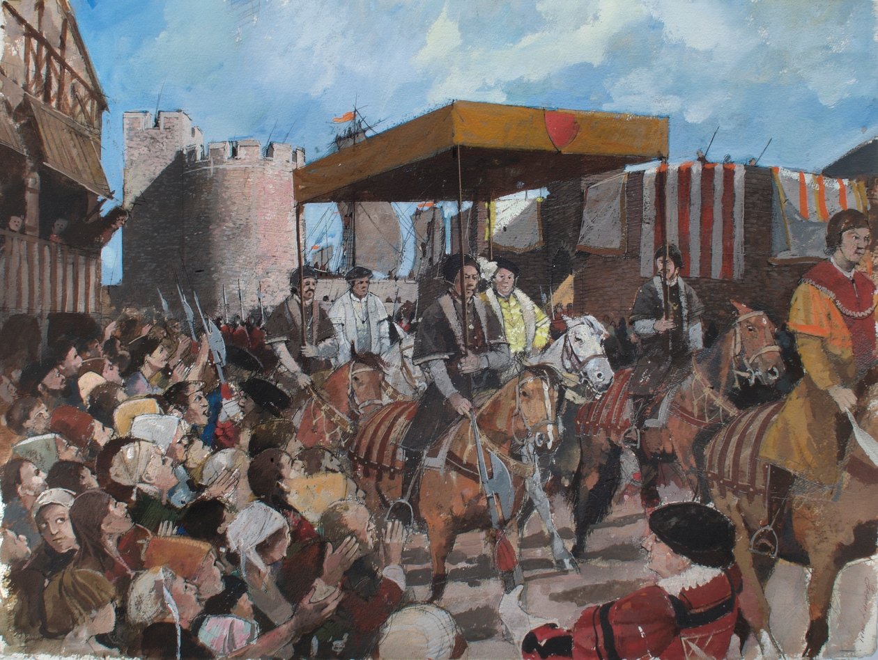 Zrekonstruowany widok procesji koronacyjnej króla Edwarda VI opuszczającej Tower of London w 1547 r. autorstwa Ivan Lapper