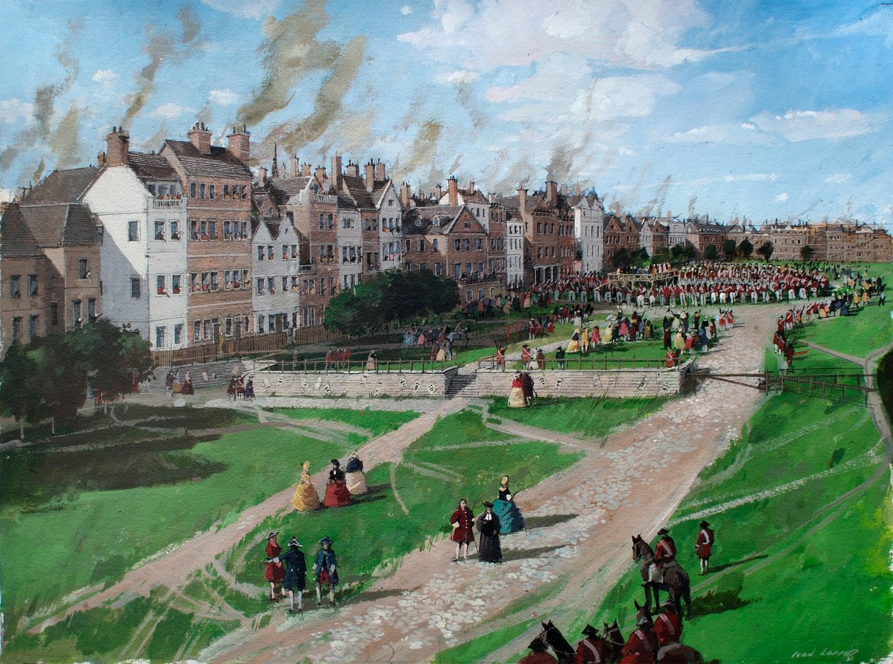 Zrekonstruowany widok na Tower Hill przedstawiający egzekucję lorda Lovata w 1747 r. autorstwa Ivan Lapper